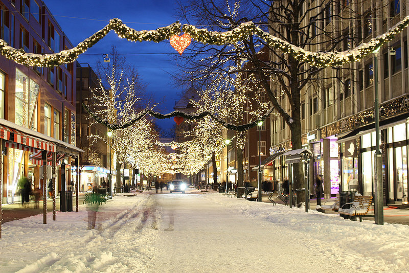 Christmas lights and snow on downtown Portland street - Christmas in Portland