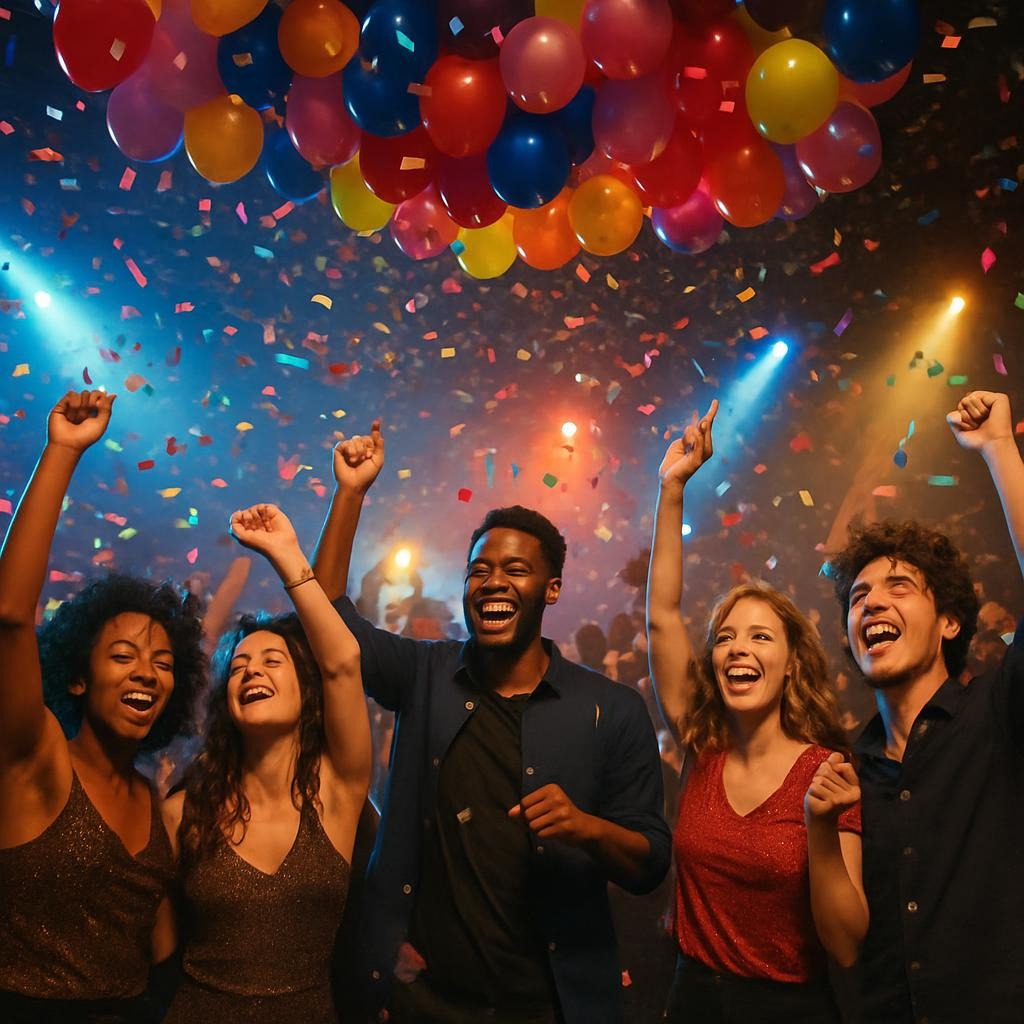 Crowd dancing with stage lights and confetti falling.