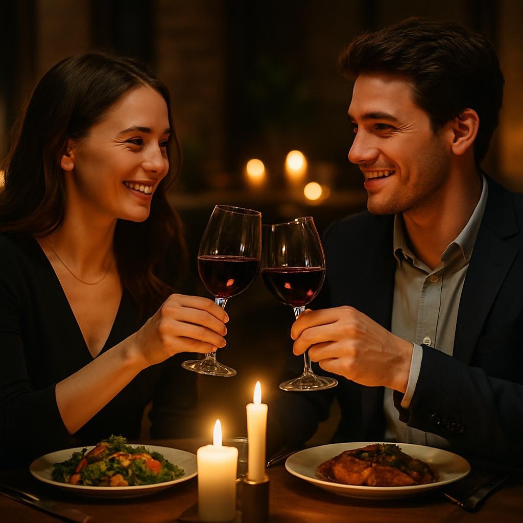 Couples toasting wine glasses over candlelit meals