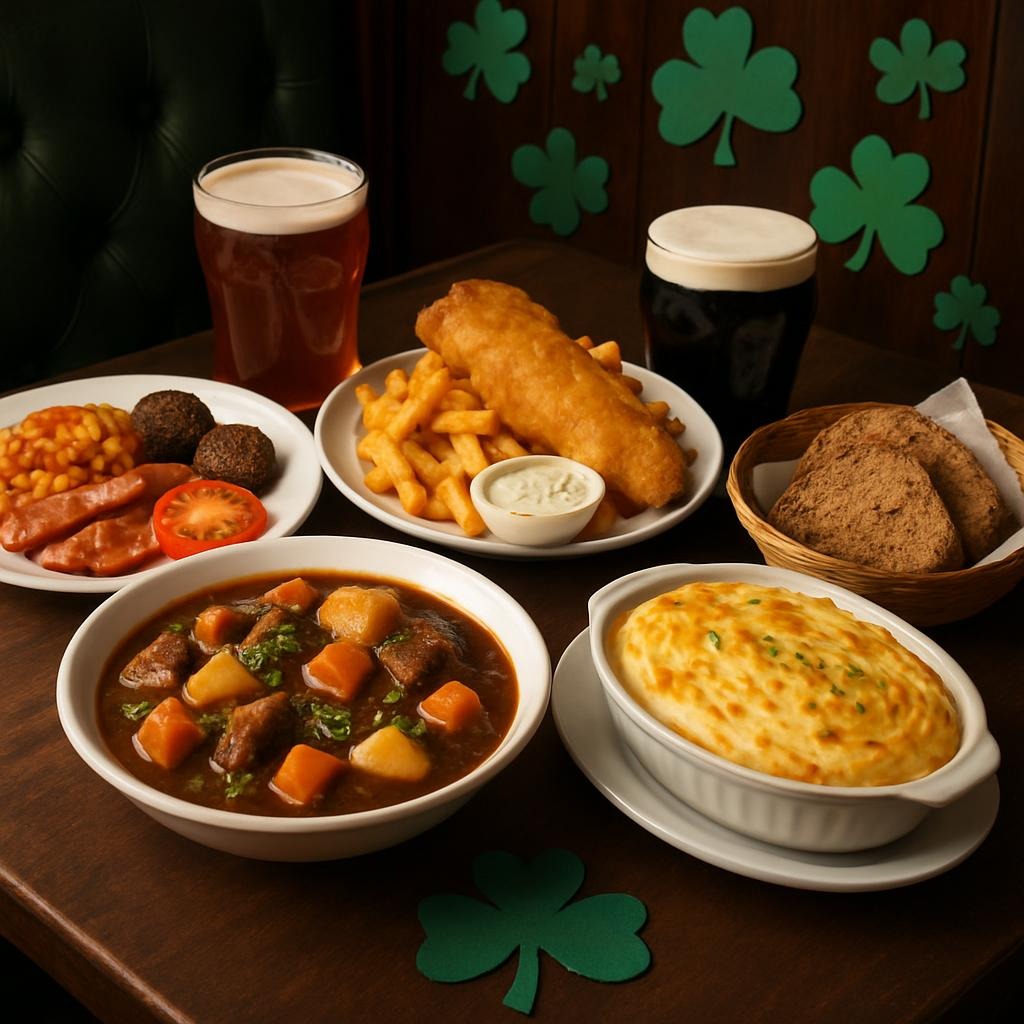 Table spread of Irish food at a pub with shamrock decor