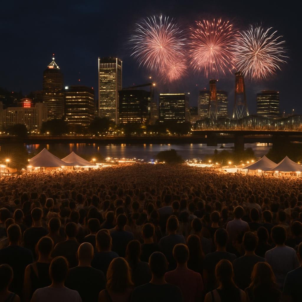 A wide shot of the festival crowd with the Portland skyline and fireworks in the background.  4th of July in Portland in 2026