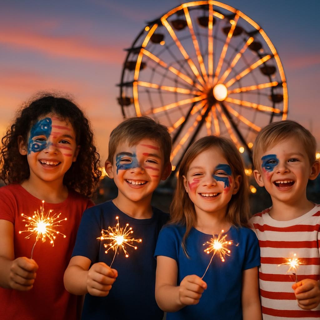 Children with face paint holding sparklers at sunset in front of a Ferris wheel.