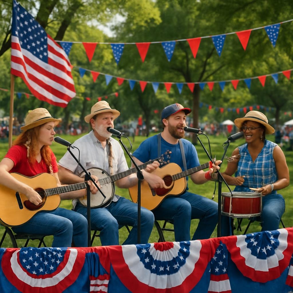 Musicians performing in a park with American flags and red-white-blue decorations.