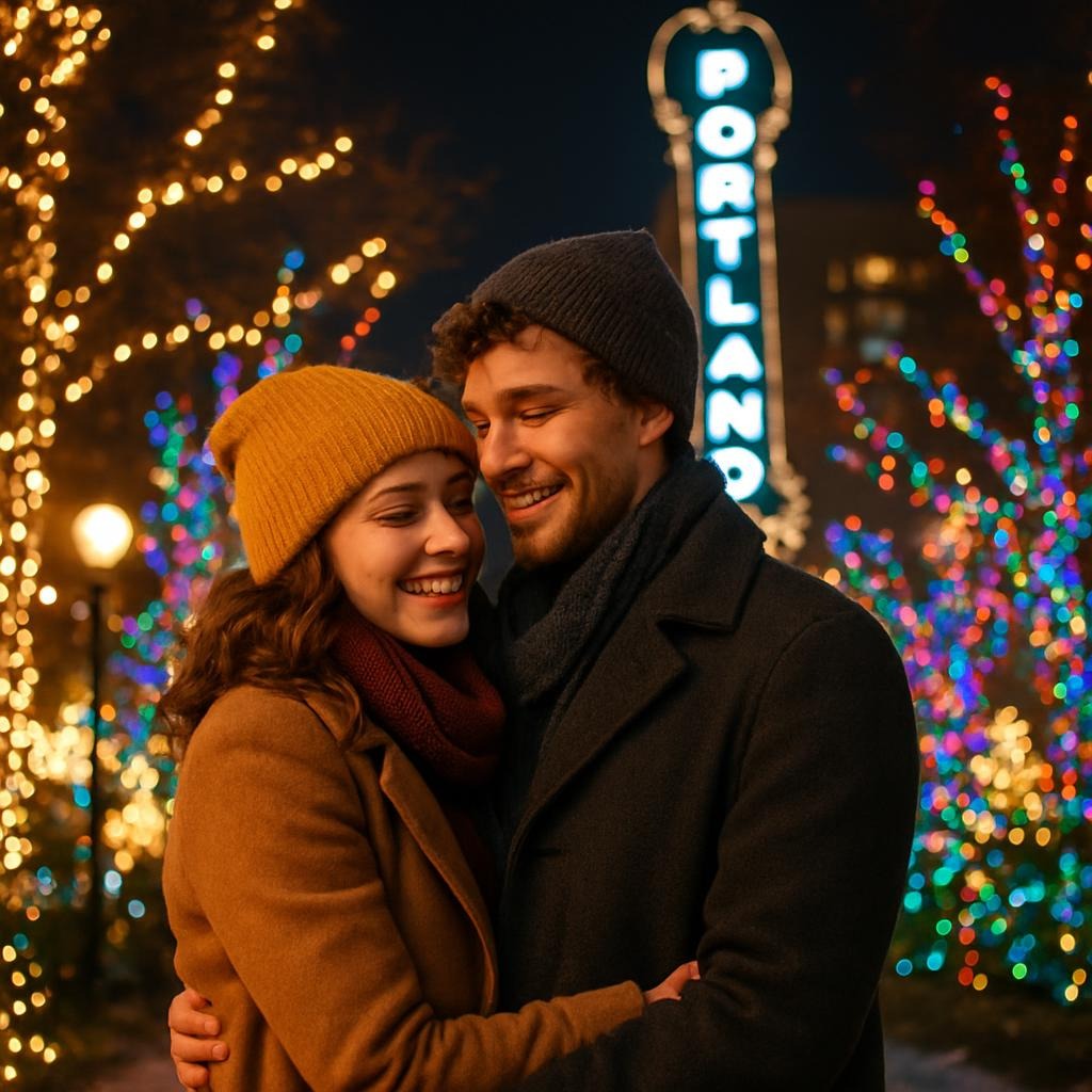 Romantic couple enjoying holiday lights in Portland 2025