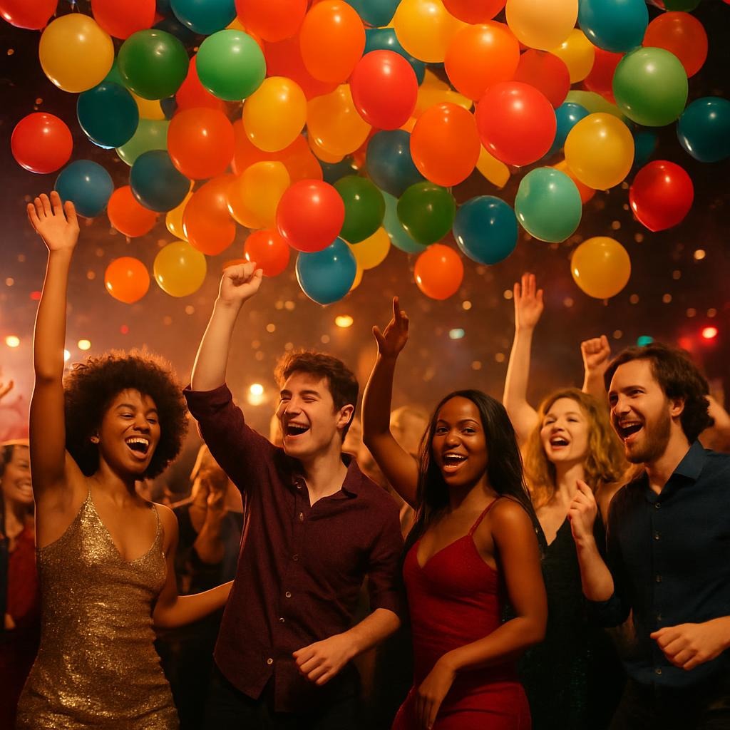 Partygoers dancing under a balloon drop.