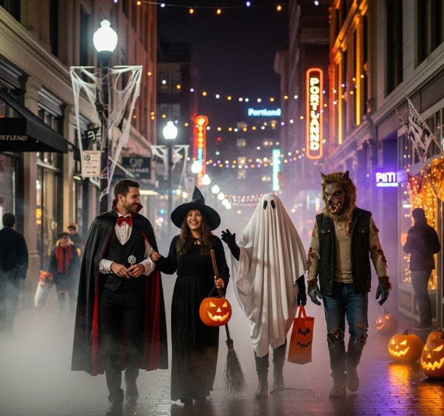 A group of friends wearing creative Halloween costumes walking through downtown Portland.