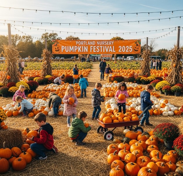 Children picking pumpkins at Portland Nursery Pumpkin Festival 2025 surrounded by autumn decorations