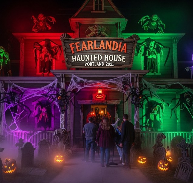 Fearlandia Haunted House in Portland 2025 with spooky lights and decorations