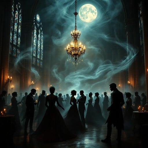 Halloween masquerade ball with masks, chandeliers, and gothic lighting.
