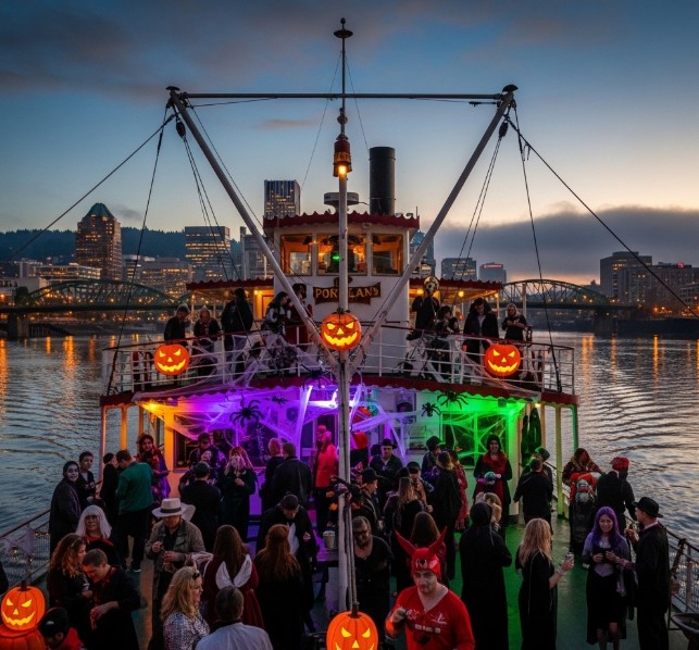 Haunted Portland riverboat Halloween cruise with party lights and guests in costumes. - Best Portland Halloween Parties and Nightlife 2025