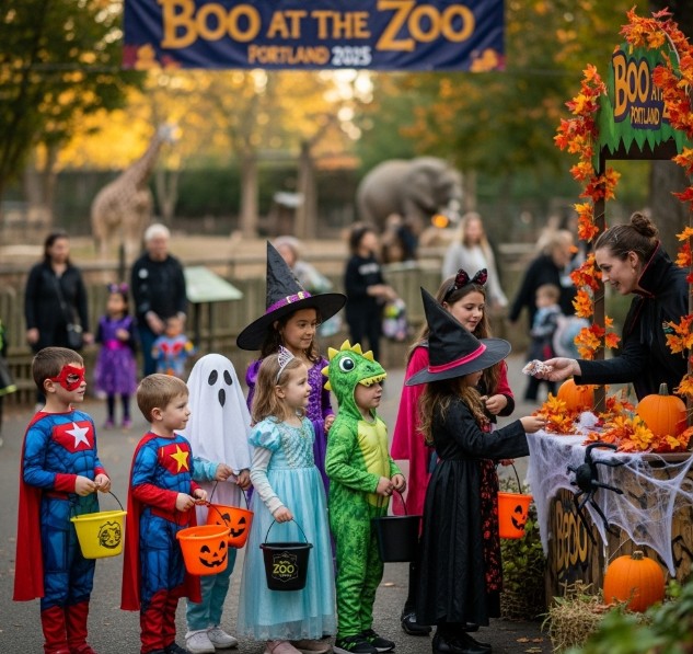 Kids in Halloween costumes collecting candy at Boo at the Zoo Portland 2025 with zookeeper in costume