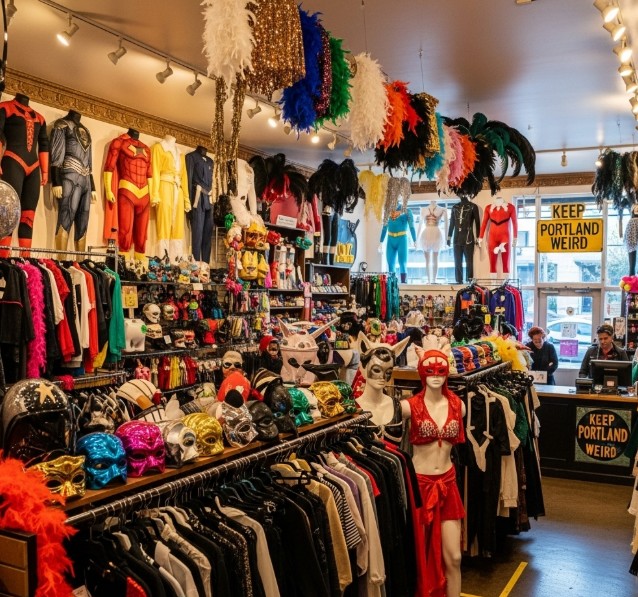 Photo of a Portland costume shop interior with colorful outfits.