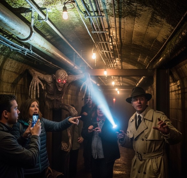 Portland haunted tunnel tour with dimly lit underground passageways.