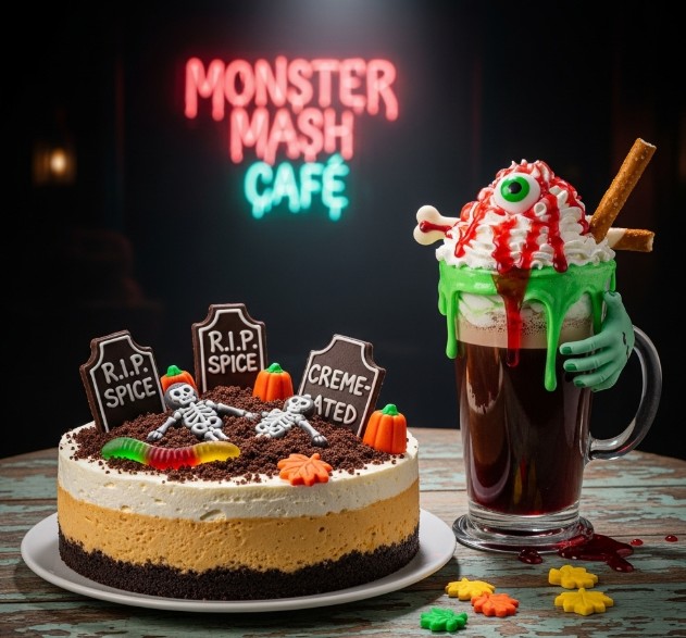 Pumpkin Graveyard Cheesecake and Zombie Mocha served at Monster Mash CafĂŠ.