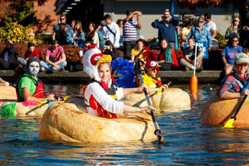 Pumpkin boats racing at the West Coast Giant Pumpkin Regatta 2025