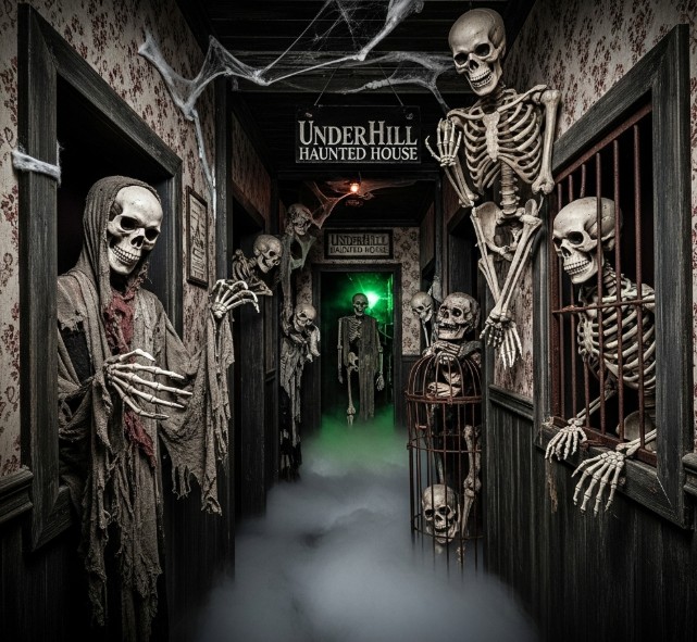 Underhill Haunted House in Portland with dark sets and eerie skeletons