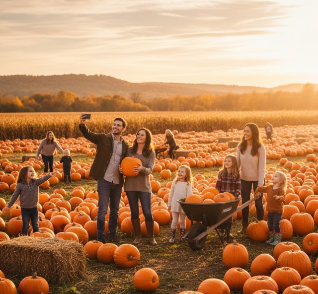 Families at a pumpkin patch with orange fields and smiles.