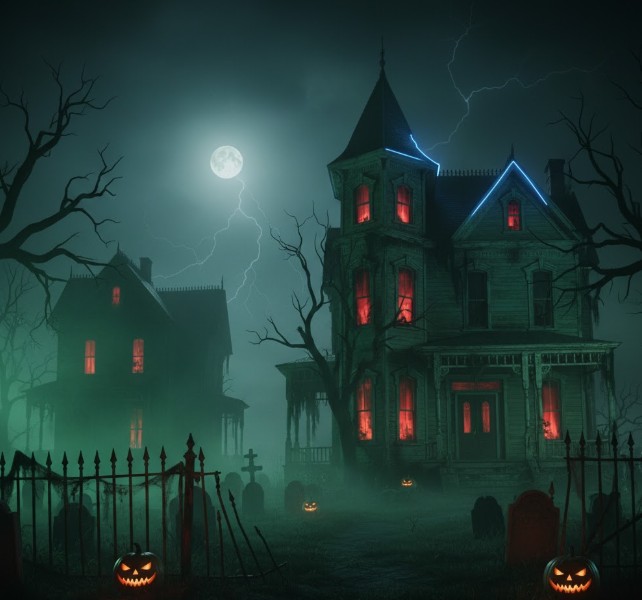 Night shots of haunted house exteriors with eerie lighting.