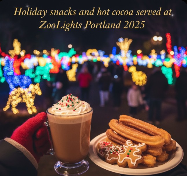 Holiday snacks and hot cocoa served at ZooLights Portland 2025.