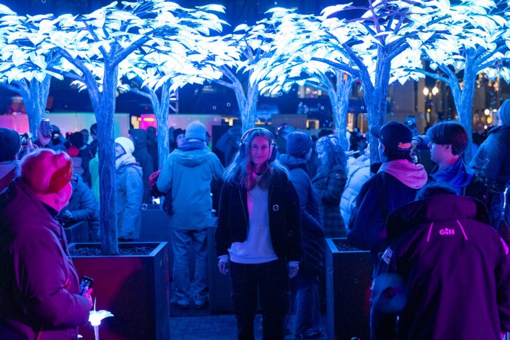 Portland Winter Night Market with holiday lights 2025.