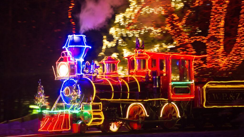The Oregon Zoo train decorated for Christmas