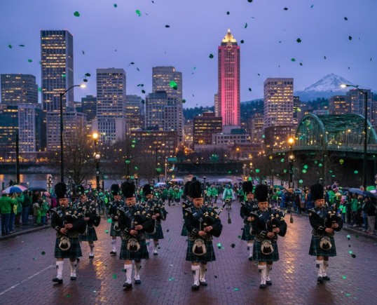 Bagpipers marching with downtown skyline