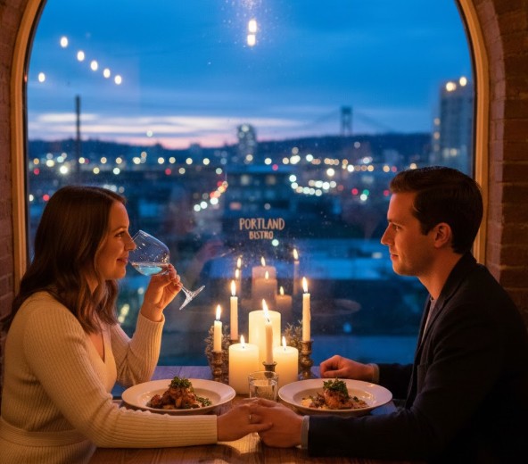 Couple dining by candlelight in a Portland restaurant with city lights outside - Romantic Things to Do on Valentine’s Day in Portland 2026
