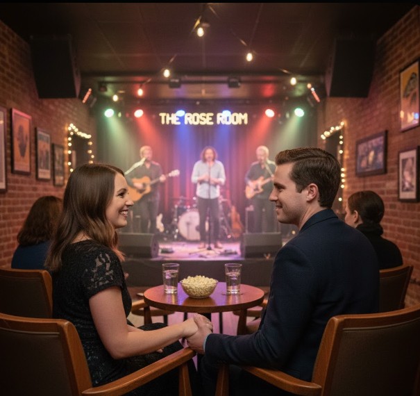 Couple seated at a small Portland theater or live music venue