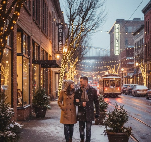 Couple walking through downtown Portland with soft lights and winter scenery - Valentine’s Day in Portland 2026: Romantic Things to Do, Events & Getaway Ideas