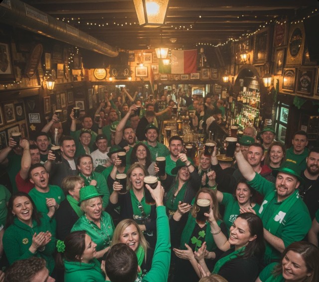Festive pub crowd in green attire