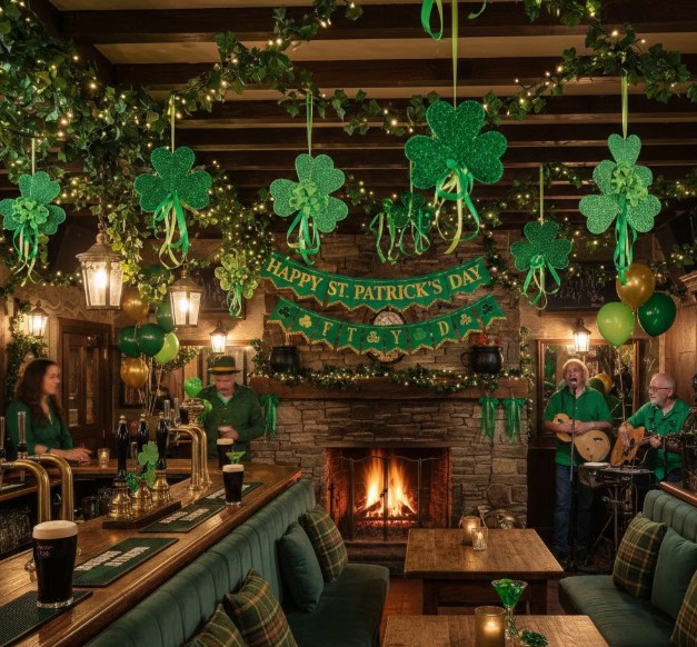 Pub interior with festive green décor