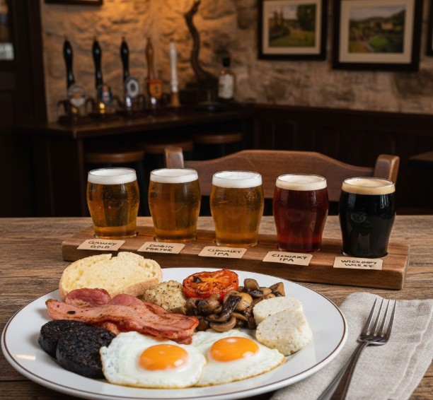 Traditional Irish plate beside craft beer flight